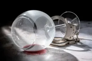 spilled wine glass and hand cuffs